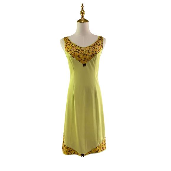 Vintage 60s Lime Green & Brown Nylon Wide Strap Full Slip Dress Women's Size M - Picture 2 of 10